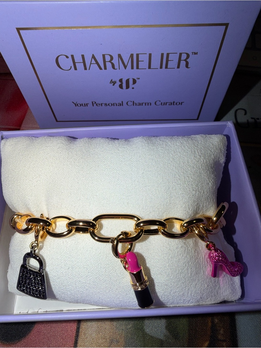Charmelier Gold Chain Bracelet with Pink Lipstick & Pink Shoe Charms